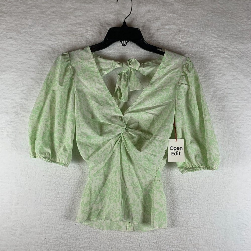 Open Edit Top Women 2XS Green/White Stretch Puff Sleeve Twist‎ Front V-Neck 6392